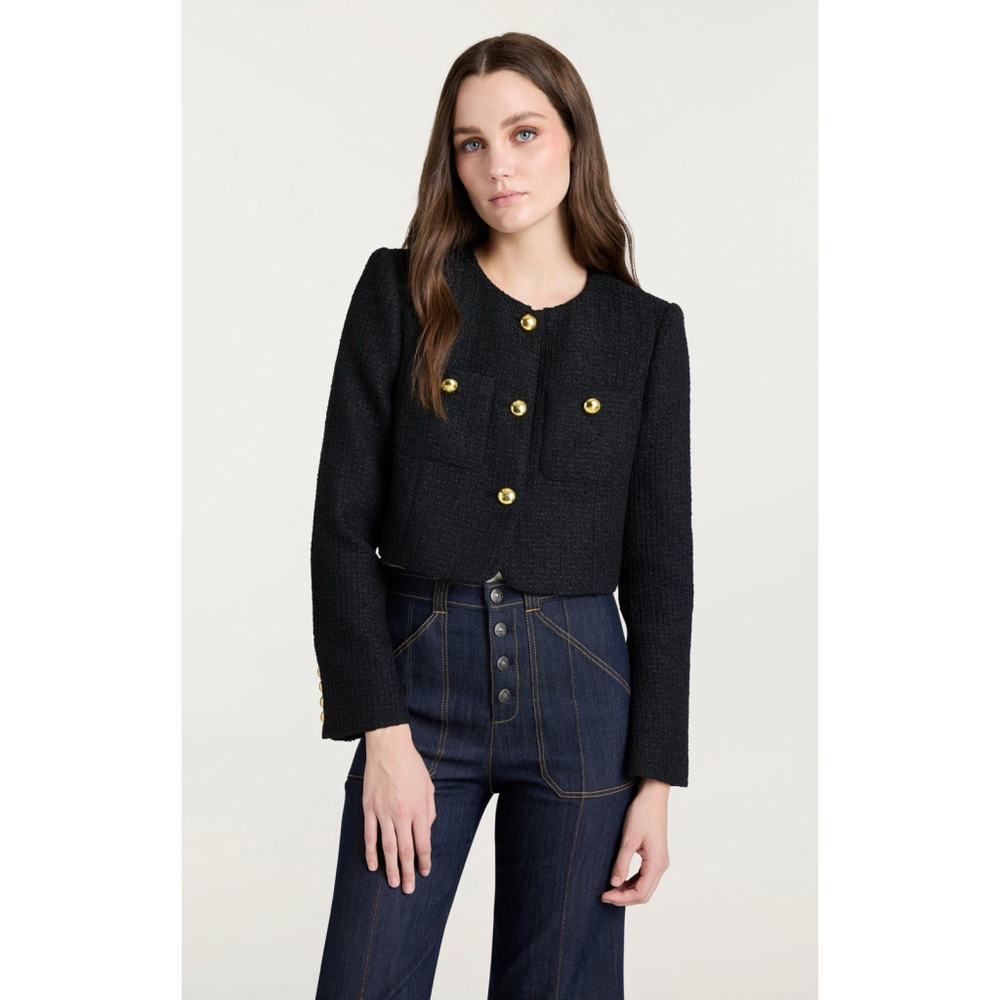 Cinq A Sept Black Bouclé Knit Auden Crop Jacket Gold Buttons Old Money Elegant